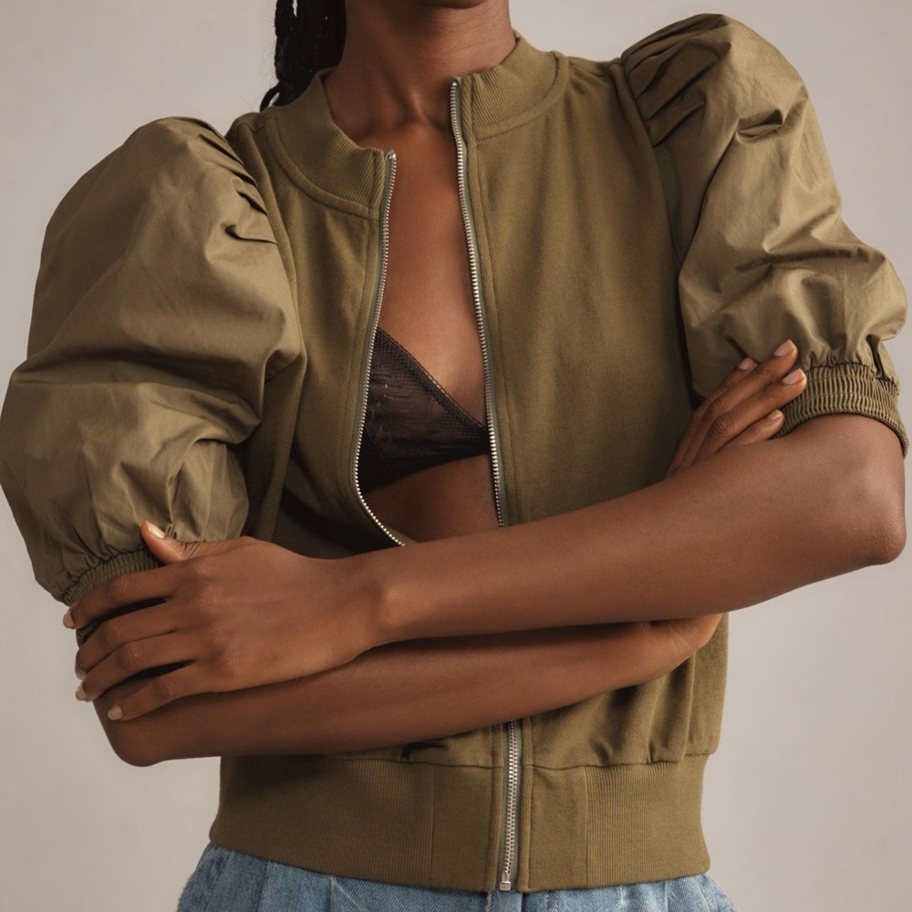 Maeve hunter green puff sleeve jacket